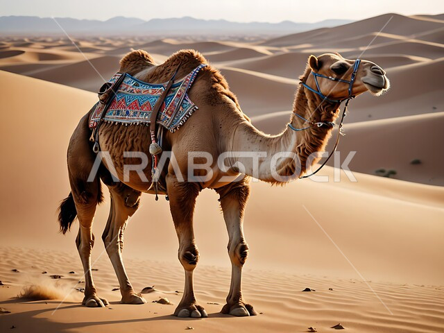 Camel walking on soft golden sand in the desert during the day, formations, formations and sand dunes, a nature reserve for raising camels in desert areas, caring for camels in the deserts of the Kingdom of Saudi Arabia