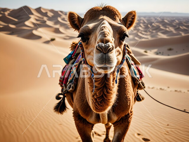 التشكيلات والتكوينات والكثبان الرملية، محمية طبيعية لتربية الجمال في المناطق الصحراوية، الاهتمام بالابل في صحاري المملكة العربية السعودية, صورة مقربة لحيوان الجمل يسير على الرمال الذهبية الناعمة في الصحراء في النهار