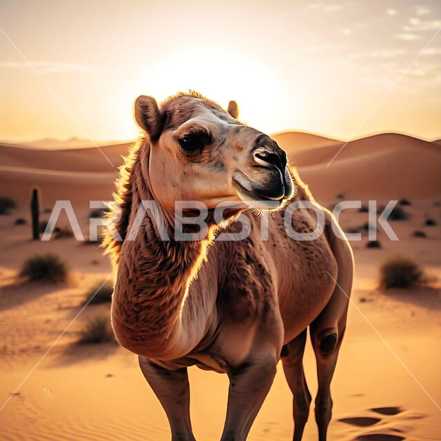 الاهتمام بالابل في صحاري المملكة العربية السعودية, صورة مقربة لحيوان الجمل يسير على الرمال الذهبية الناعمة في الصحراء في النهار، التشكيلات والتكوينات والكثبان الرملية, محمية طبيعية لتربية الجمال في المناطق الصحراوية