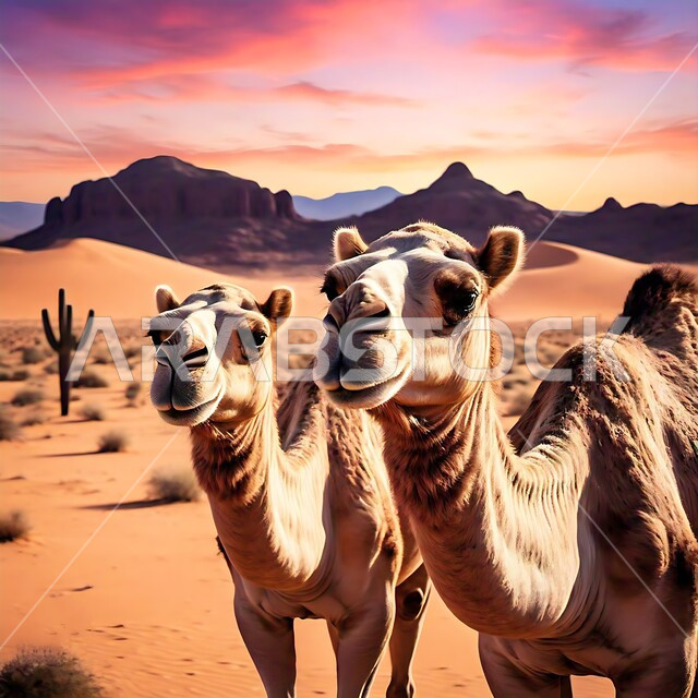 التشكيلات والتكوينات والكثبان الرملية, الاهتمام بالابل في صحاري المملكة العربية السعودية, صورة مقربة لجملين يسيران على الرمال الذهبية الناعمة في الصحراء في النهار، محمية طبيعية لتربية الجمال في المناطق الصحراوية