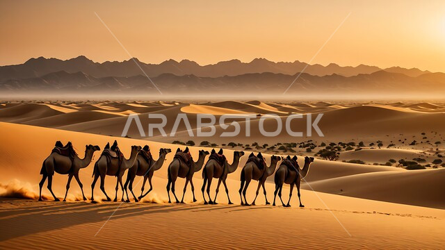 الاهتمام بالابل في صحاري المملكة العربية السعودية, قافلة من حيوان الجمل تسير على الرمال الذهبية الناعمة في الصحراء في النهار، التشكيلات والتكوينات والكثبان الرملية, محمية طبيعية لتربية الجمال في المناطق الصحراوية