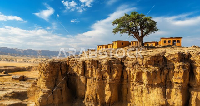 التضاريس الصخرية والمنحدرات الوعرة، شجرة خضراء مورقة على سفح جبلي عالي، القمم والمرتفعات الجبلية في السعودية، نمو الأشجار والنباتات الخضراء على الصخور والجبال، المناظر الطبيعية والأماكن السياحية في المملكة، خلفية السماء الزرقاء الصافية