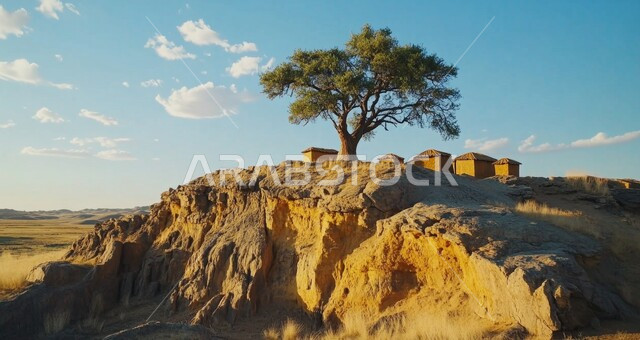 Rocky terrain and rugged slopes, lush green tree on a high mountainside, mountain peaks and heights in Saudi Arabia, green trees and plants growing on rocks and mountains, natural landscapes and tourist places in the Kingdom, clear blue sky background