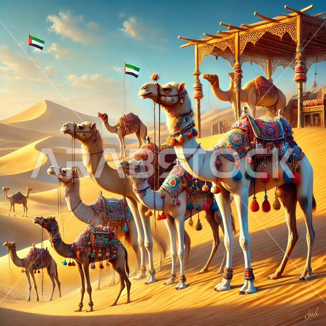 A group of camels in the UAE camel race, soft golden sands in the desert, a traditional cultural heritage event and activity, the antiquity and authenticity of Gulf customs and traditions, fun recreational activities and sports, sand dunes in the deserts of the United Arab Emirates