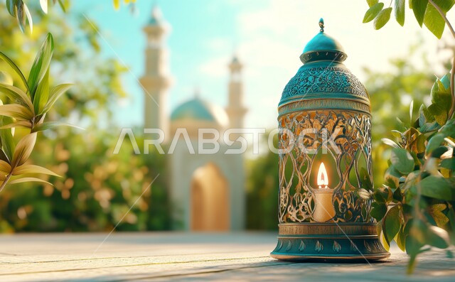 مصباح تقليدي للاحتفال بقدوم الشهر الفضيل، التصاميم العصرية على الطراز الحديث لبناء المساجد, الفوانيس المضيئة والزينة الرمضانية، أجواء روحانية إسلامية, المآذن الشامخة والقبب العريقة للجامع, العبادة والتقرب الى الله تعالى, خلفية أغصان النباتات والأوراق الخضراء