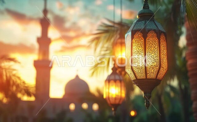  التصاميم العصرية على الطراز الحديث لبناء المساجد, الفوانيس المضيئة المعلقة والزينة الرمضانية، أجواء روحانية إسلامية, الاحتفال بقدوم الشهر الفضيل، المآذن الشامخة والقبب العريقة للجامع, العبادة والتقرب الى الله تعالى, خلفية أغصان النباتات والأوراق الخضراء