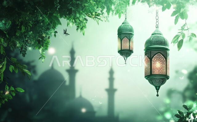 Hanging lanterns and Ramadan decorations, modern designs in modern style for building mosques, Islamic spiritual atmosphere, celebrating the arrival of the holy month, the towering minarets and ancient domes of the mosque, worship and getting closer to God Almighty, background of plant branches and green leaves