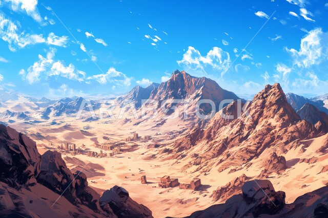 القمم والمرتفعات الجبلية العالية، التضاريس والكثبان الرملية، تشكلات الصخور والحجارة في صحراء المملكة، التكوينات الصخرية والمنحدرات الوعرة،  المناظر الطبيعية  في وادي بالسعودية، المناخ القاسي و الجاف في الصحاري الواسعة، خلفية السماء الزرقاء الصافية