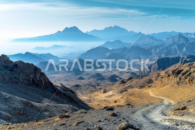 القمم والمرتفعات الجبلية العالية، التضاريس والكثبان الرملية، تشكلات الصخور والحجارة في صحراء المملكة، التكوينات الصخرية والمنحدرات الوعرة،  المناظر الطبيعية  في وادي بالسعودية، المناخ القاسي و الجاف في الصحاري الواسعة، خلفية السماء الزرقاء الصافية