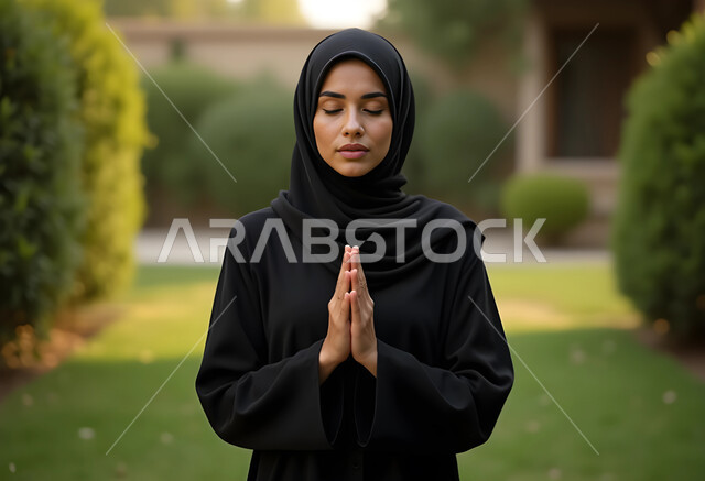 مفهوم الدعاء والتضرع، العبادة والتقرب إلى الله تعالى, صورة مقربة لامرأة عربية خليجية سعودية محجبة ترتدي العباءة السوداء تغمض عينيها ترفع يديها بإيماءات التوسل، الاسترخاء والشعور بالراحة، قضاء الوقت بالتأمل في الهواء الطلق