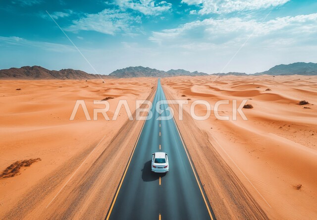 تسهيل السفر والتنقل  بالسيارات من مكان لآخر، طريق اسفلتي معبد وسط الصحراء الواسعة، التضاريس والتشكلات الرملية في صحاري المملكة، ربط المدن بالأرياف والمناطق النائية عبر الطرقات الحديثة، خلفية السماء الزرقاء نهارا