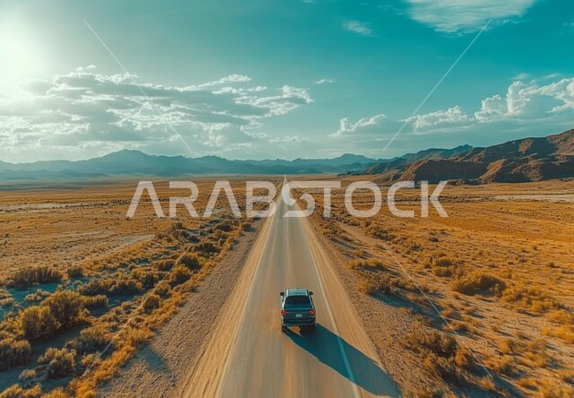 تسهيل السفر والتنقل  بالسيارات من مكان لآخر، طريق اسفلتي معبد وسط الصحراء الواسعة، التضاريس والتشكلات الرملية في صحاري المملكة، ربط المدن بالأرياف والمناطق النائية عبر الطرقات الحديثة، خلفية السماء الزرقاء نهارا