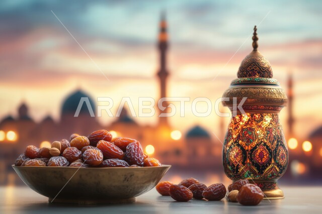 الاستعداد لوقت الإفطار، الاحتفال بقدوم شهر الخير والبركة، فانوس معدني تقليدي مضيء مع طبق من حبات التمر الطازجة، أجواء رمضانية روحانية إسلامية، أعياد ومناسبات دينية، خلفية المآذن الشامخة للمسجد وقت غروب الشمس