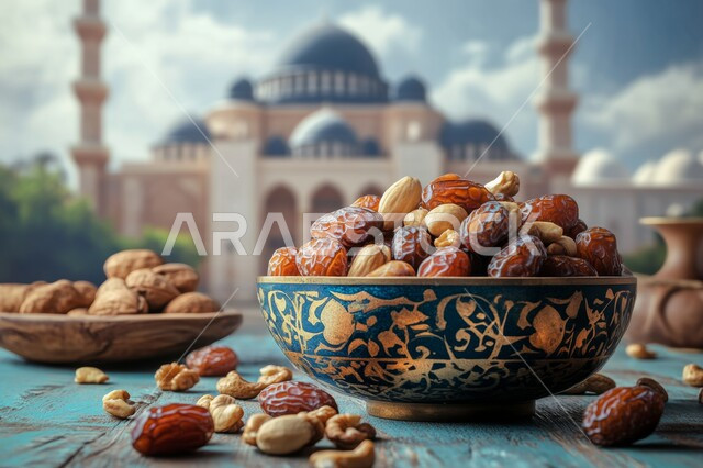 طبق من حبات التمر الطازجة والمكسرات الشهية، الاستعداد لوقت الإفطار، الاحتفال بقدوم شهر الخير والبركة، أجواء رمضانية روحانية إسلامية، أعياد ومناسبات دينية، خلفية المآذن الشامخة للمسجد وقت غروب الشمس