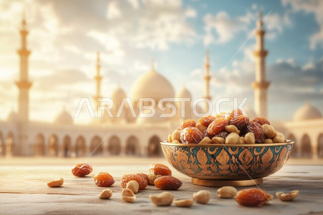 طبق من حبات التمر الطازجة والمكسرات الشهية، الاستعداد لوقت الإفطار، الاحتفال بقدوم شهر الخير والبركة، أجواء رمضانية روحانية إسلامية، أعياد ومناسبات دينية، خلفية المآذن الشامخة للمسجد وقت غروب الشمس