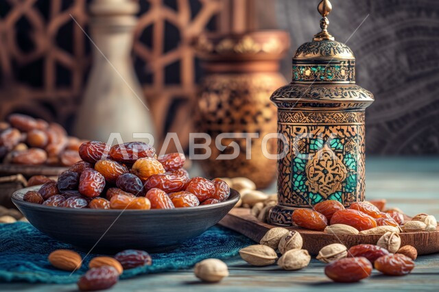الاستعداد لوقت الإفطار، الاحتفال بقدوم شهر الخير والبركة، فانوس معدني تقليدي مضيء مع طبق من حبات التمر الطازجة، أجواء رمضانية روحانية إسلامية، أعياد ومناسبات دينية، خلفية المآذن الشامخة للمسجد وقت غروب الشمس