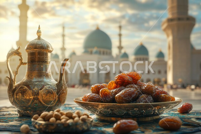 أعياد ومناسبات دينية، طبق من حبات التمر الطازجة والمكسرات الشهية بجانب إبريق الشاي، الاستعداد لوقت الإفطار، الاحتفال بقدوم شهر الخير والبركة، أجواء رمضانية روحانية إسلامية، خلفية المآذن الشامخة للمسجد وقت غروب الشمس
