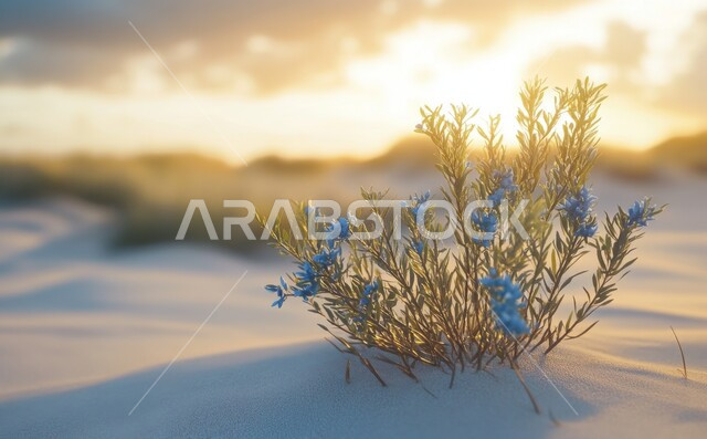 الأعشاب الخضراء الصغيرة المزهرة وسط البيئة الصحراوية، الرمال الذهبية الناعمة والكثبان في الصحراء، نمو النباتات في البراري في صحراء المملكة العربية السعودية, منظر السماء وقت غروب الشمس، خلفية الطبيعة