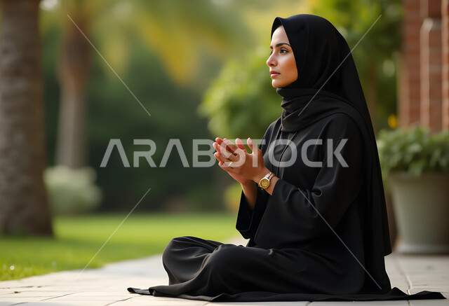 الاسترخاء والشعور بالراحة، مفهوم الدعاء والتضرع، العبادة والتقرب إلى الله تعالى, صورة مقربة من الجانب لامرأة عربية خليجية سعودية محجبة ترتدي العباءة السوداء تنظر إلى شيء ما ترفع يديها بإيماءات التوسل، قضاء الوقت بالتأمل في الهواء الطلق