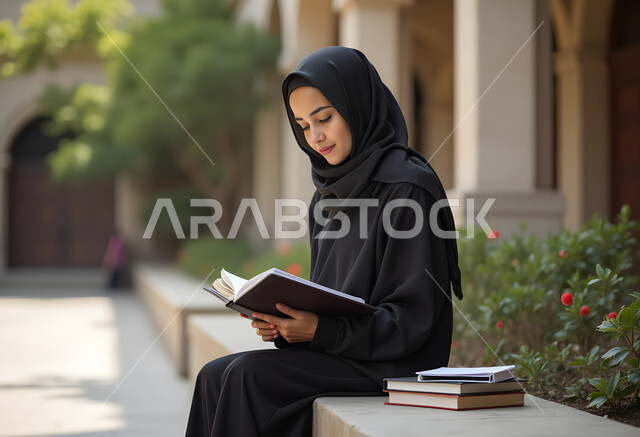 مفهوم الشغف بالقراءة والتعلم الذاتي, ممارسة هواية المطالعة, امرأة عربية خليجية سعودية محجبة ترتدي العباءة السوداء تجلس في الهواء الطلق تمسك بيدها كتاب, مكان هادئ مريح للدراسة