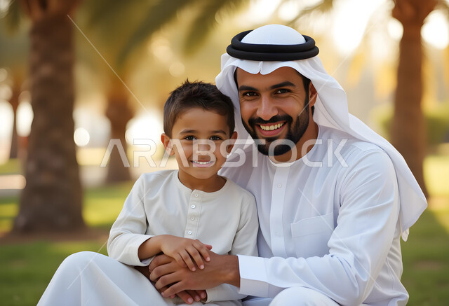 إيماءات الحب والحنان، صورة مقربة لأب عربي خليجي سعودي يرتدي الثوب التقليدي والغترة يجلس مع ابنه في الطبيعة ينظران إلى الكاميرا بتعابير السرور والسعادة, قضاء وقت ممتع مع الابن, ملاعبة الأبناء بعطف واهتمام، مفهوم الأسرة السعيدة