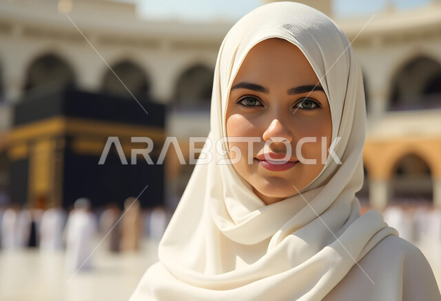 العبادة والتقرب إلى الله تعالى, أداء مناسك الحج والعمرة, صورة مقربة لامرأة عربية خليجية سعودية محجبة تقف في ساحة الحرم المكي الشريف تنظر إلى الكاميرا, مكان ومعلم ديني إسلامي مقدس في المملكة العربية السعودية, خلفية الكعبة المشرفة في مكة المكرمة
