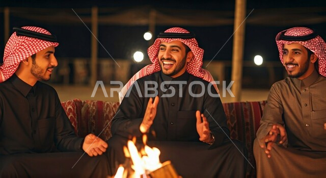 A popular Arab desert session, a youthful night camping atmosphere in front of a firewood torch, a group of Saudi Arabian Gulf friends wearing traditional thobe and shemagh sitting next to the burning fire in a wilderness outing, chatting with gestures of pleasure and happiness, enjoying spending time with friends
