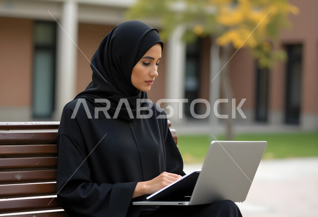 إدارة الأعمال عن بعد، استخدام جهاز تقني حديث متطور، امرأة عربية خليجية سعودية ترتدي الحجاب والعباءة السوداء تجلس على كرسي في الهواء الطلق تستخدم الحاسوب المحمول، دمج التكنولوجيا بالعمل، إنجاز المهام المطلوبة عبر اللابتوب، مهنة ووظيفة نسائية