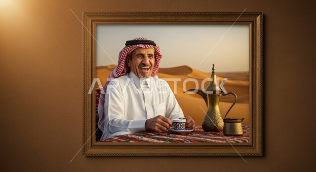 منتج ومحصول محلي وطني, إيماءات البشاشه والسرور، لوحة فنية لرجل عربي سعودي خليجي يرتدي الثوب التقليدي والشماغ يقوم بشرب القهوه العربيه, الاستمتاع بتناول المشروب الساخن، جلسة بر شعبية،  الرمال الذهبية الناعمة في الصحراء، خلفيه بنية