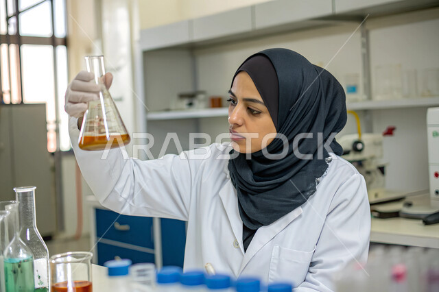 استخدام الأنابيب الزجاجية المعقمة لتحليل العينة، صورة مقربة لأخصائية مختبر عربية خليجية سعودية محجبة ترتدي الزي الخاص بالمهنة تحمل بيدها أنبوب المحلول تنظر إليه، الاستفادة العملية من البحث المخبري، إجراء تجربة كيميائية علمية عبر التكنولوجيا الحيوية