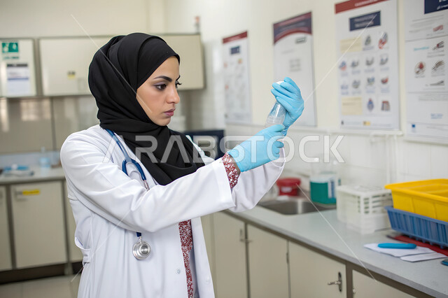 الاستفادة العملية من البحث المخبري، استخدام الأنابيب الزجاجية المعقمة لتحليل العينة، صورة مقربة لأخصائية مختبر عربية خليجية سعودية محجبة ترتدي الزي الخاص بالمهنة تحمل بيدها أنبوب المحلول تنظر إليه، إجراء تجربة كيميائية علمية عبر التكنولوجيا الحيوية