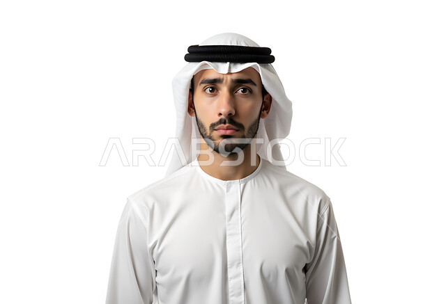 التقاط الصور الشخصية للوثائق الرسمية، مفهوم الأناقة والاهتمام بالمظهر الخارجي، بورتريه مقرب لرجل عربي خليجي إماراتي يرتدي الكندوره والغترة يقف وينظر إلى الكاميرا بإيماءات الجدية وعدم الرضا، خلفية بيضاء