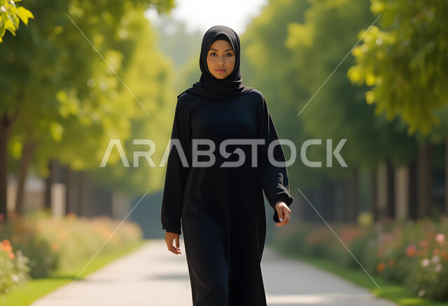 Taking a walk in the open air and relaxing, enjoying the natural parks in the Kingdom, a veiled Saudi Arabian Gulf woman wearing a black abaya taking a walk in the park, walking and strolling in green parks, nature background