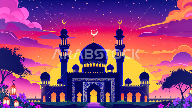 مفهوم العبادة والتقرب إلى الله تعالى, رسوم توضيحية لمسجد عربي عريق عند غروب الشمس، نداء المسلمين لأداء الفرائض والصلاة في وقتها، الفن الهندسي المعماري على الطراز الاسلامي لقبب ومآذن المساجد في المملكة العربية السعودية، منظر النجوم اللامعة في السماء