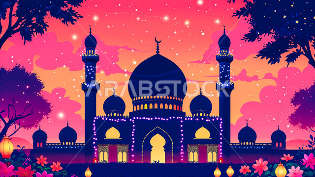 نداء المسلمين لأداء الفرائض والصلاة في وقتها، الفن الهندسي المعماري على الطراز الاسلامي لقبب ومآذن المساجد في المملكة العربية السعودية، مفهوم العبادة والتقرب إلى الله تعالى, رسوم توضيحية لمسجد عربي عريق عند غروب الشمس، منظر النجوم اللامعة في السماء