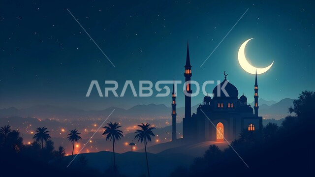 الفن الهندسي المعماري لبناء المساجد في المملكه العربيه السعوديه, مكان أداء الفرائض الدينية الإسلامية, صورة ظلية لمسجد ذو قبب ومآذن شامخة مضيئة, ديكورات وتصاميم متميزه على الطراز الاسلامي, منظر الهلال المنير في السماء ليلا, خلفية الطبيعة