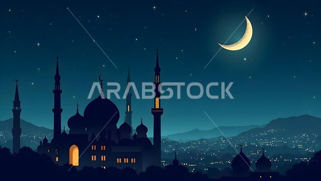  مكان أداء الفرائض الدينية الإسلامية, الفن الهندسي المعماري لبناء المساجد في المملكه العربيه السعوديه, صورة ظلية لمسجد ذو قبب ومآذن شامخة مضيئة, ديكورات وتصاميم متميزه على الطراز الاسلامي, منظر الهلال المنير في السماء ليلا, خلفية الطبيعة