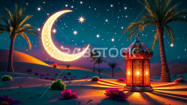 البهجة بقدوم رمضان المبارك, منظر النجوم اللامعة والهلال في السماء، فانوس معدني مضيء على الرمال الذهبية الناعمة في الليل، تحفة إسلامية عريقة، مصباح عربي تقليدي, أشجار النخيل والكثبان الرملية في صحراء المملكة العربية السعودية، خلفية الطبيعة