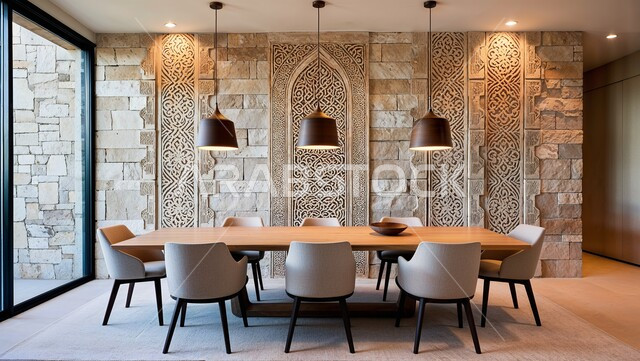  طاولة سفرة خشبية محاطة بكراسي مريحة، ديكور منزلي داخلي حديث لغرفة طعام في شقة سكنية، تصاميم وديكورات عصرية فاخرة، أثاث منزلي راقي، استخدام الأضواء واكسسوارات الزينة المتميزة، النوافذ الزجاجية الكبيرة في الفلل والمنتجعات بالسعودية