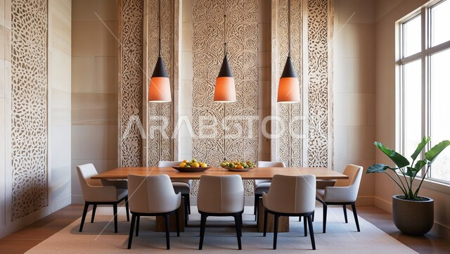  تصاميم وديكورات عصرية فاخرة، طاولة سفرة خشبية محاطة بكراسي مريحة، ديكور منزلي داخلي حديث لغرفة طعام في شقة سكنية، أثاث منزلي راقي، استخدام الأضواء واكسسوارات الزينة المتميزة، النوافذ الزجاجية الكبيرة في الفلل والمنتجعات بالسعودية