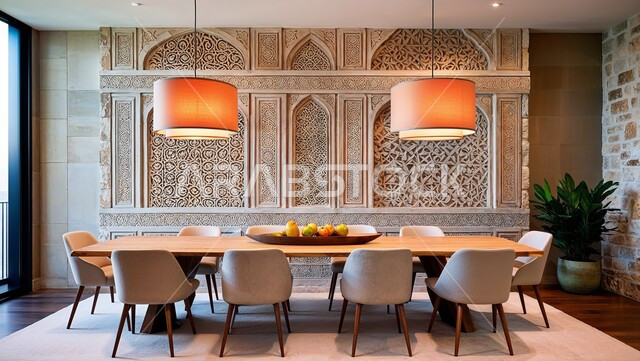 ديكور منزلي داخلي حديث لغرفة طعام في شقة سكنية، تصاميم وديكورات عصرية فاخرة، طاولة السفرة الخشبية المحاطة بالكراسي المريحة، أثاث منزلي راقي، استخدام الأضواء واكسسوارات الزينة المتميزة، النوافذ الزجاجية الكبيرة في الفلل والمنتجعات بالسعودية