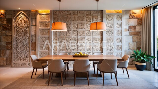  تصاميم وديكورات عصرية فاخرة، طاولة سفرة خشبية محاطة بكراسي مريحة، ديكور منزلي داخلي حديث لغرفة طعام في شقة سكنية، أثاث منزلي راقي، استخدام الأضواء واكسسوارات الزينة المتميزة، النوافذ الزجاجية الكبيرة في الفلل والمنتجعات بالسعودية
