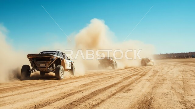 قيادة سيارة داكر رالي وسط الصحراء في النهار، نشاط صحراوي ممتع, الاستمتاع بممارسة الهواية المفضلة, مغامرة شيقة على الرمال الذهبية الناعمة في صحاري المملكة العربية السعودية, رحلة سفاري على الكثبان الرملية