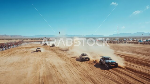 الاستمتاع بممارسة الهواية المفضلة, رحلة سفاري على الكثبان الرملية، مجموعة من سيارات داكر رالي وسط الصحراء في النهار، مغامرة شيقة على الرمال الذهبية الناعمة في صحاري المملكة العربية السعودية, نشاط صحراوي ممتع