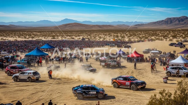 مجموعة من سيارات داكر رالي وسط الصحراء في النهار، الاستمتاع بممارسة الهواية المفضلة, مغامرة شيقة على الرمال الذهبية الناعمة في صحاري المملكة العربية السعودية, نشاط صحراوي ممتع, رحلة سفاري على الكثبان الرملية