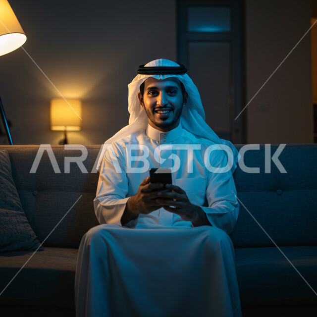 ايماءات الفرح والسعادة، التواصل والدردشة مع الأصدقاء والأقارب عبر الجوال، رجل عربي خليجي سعودي يرتدي الثوب التقليدي والغترة يجلس في غرفة المعيشة يمسك بيده الهاتف المحمول، قضاء وقت ممتع في المنزل، استخدام جهاز تقني حديث ومتطور