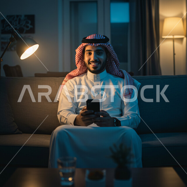 النظر الى الكاميرا بايماءات الفرح والسعادة، التواصل والدردشة مع الأصدقاء والأقارب عبر الجوال، رجل عربي خليجي سعودي يرتدي الثوب التقليدي والشماغ يجلس في غرفة المعيشة يمسك بيده الهاتف المحمول، قضاء وقت ممتع في المنزل، استخدام جهاز تقني حديث ومتطور