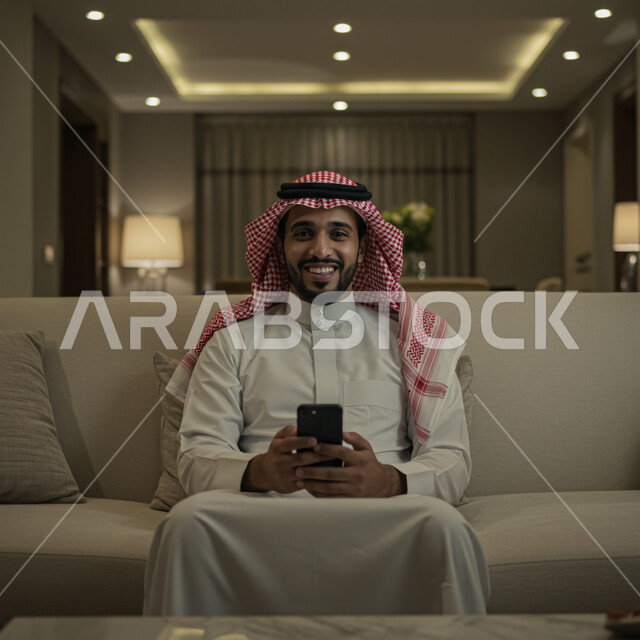 استخدام جهاز تقني حديث ومتطور، قضاء وقت ممتع في المنزل، التواصل والدردشة مع الأصدقاء والأقارب عبر الجوال، ايماءات الفرح والسعادة، رجل عربي خليجي سعودي يرتدي الثوب التقليدي والشماغ يجلس في غرفة المعيشة يمسك بيده الهاتف المحمول