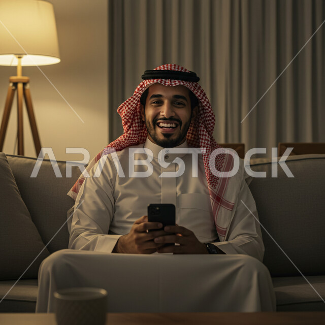 قضاء وقت ممتع في المنزل، التواصل والدردشة مع الأصدقاء والأقارب عبر الجوال، ايماءات الفرح والسعادة، رجل عربي خليجي سعودي يرتدي الثوب التقليدي والشماغ يجلس في غرفة المعيشة يمسك بيده الهاتف المحمول، استخدام جهاز تقني حديث ومتطور