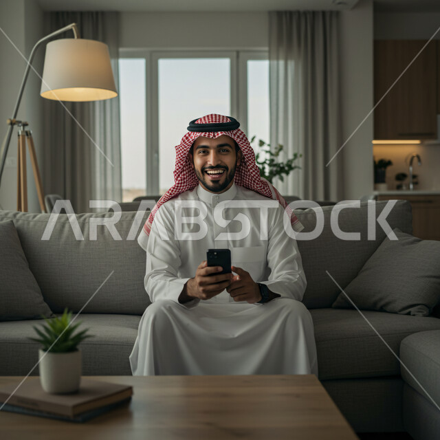Chatting with friends and relatives via mobile, gestures of joy and happiness, a Saudi Arabian Gulf man wearing traditional thobe and shemagh sitting in the living room holding a mobile phone in his hand, having a good time at home, using a modern and advanced technical device